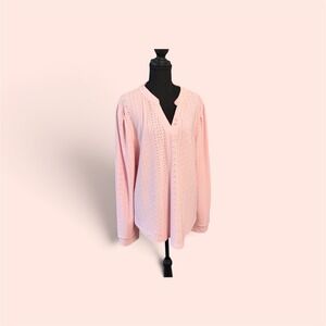 Zolucky XXL Pink Eyelet Blouse NWOT Split V Neck Long Sleeve Tunic Top